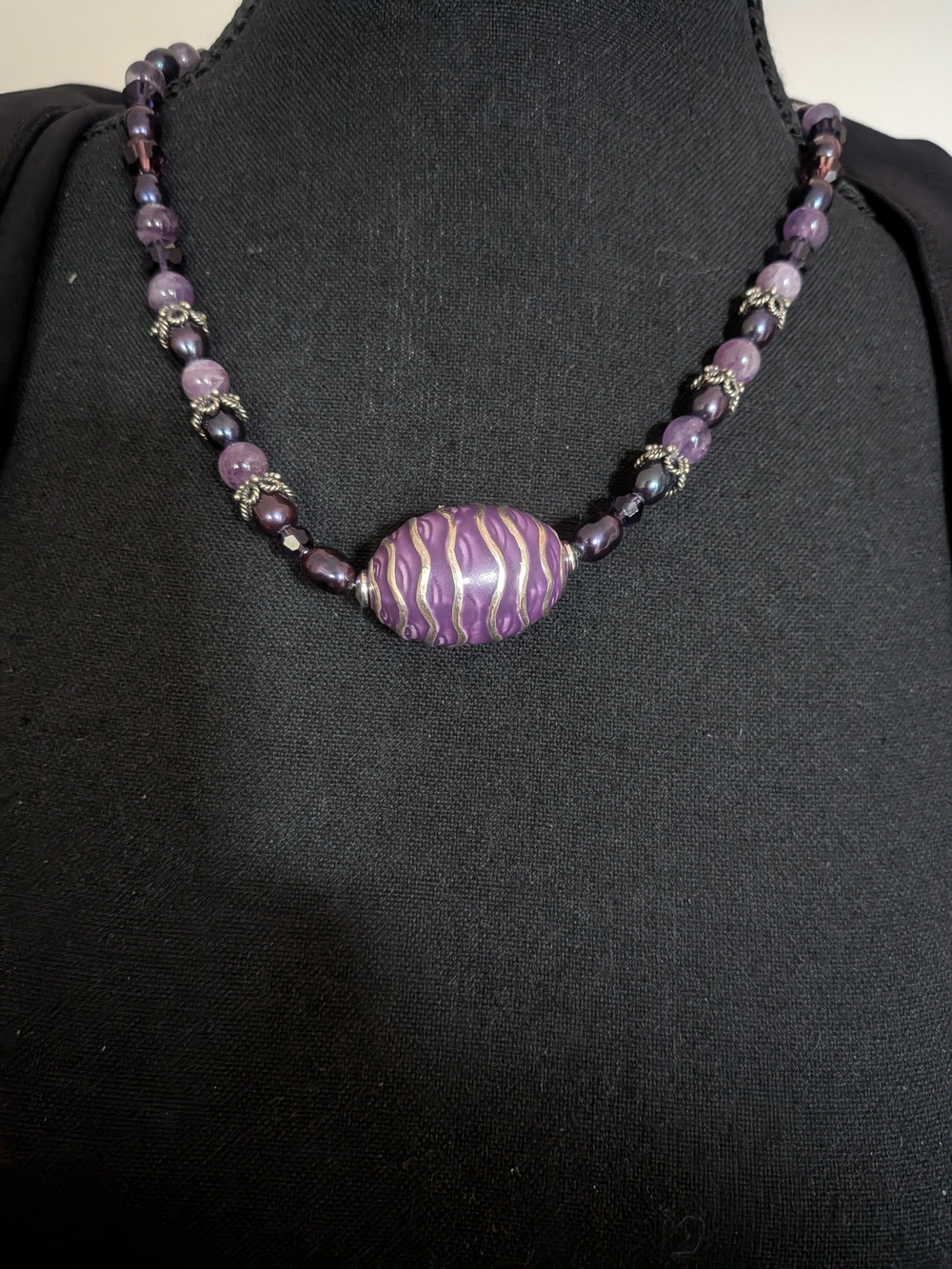 Beautiful Artisan Sterling Silver Amethyst & Genuine Pearl Statement Necklace